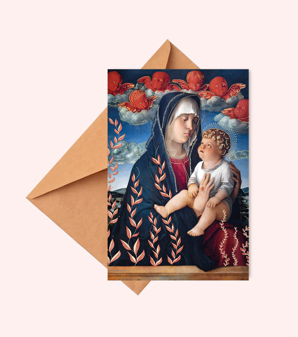 Carte postale Vierge Chérubins rouges